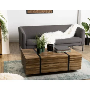 MACABANE Table Basse 110x70cm Avec Roulettes Bois Teck Recyclé Cerclée Métal… magasin france 15