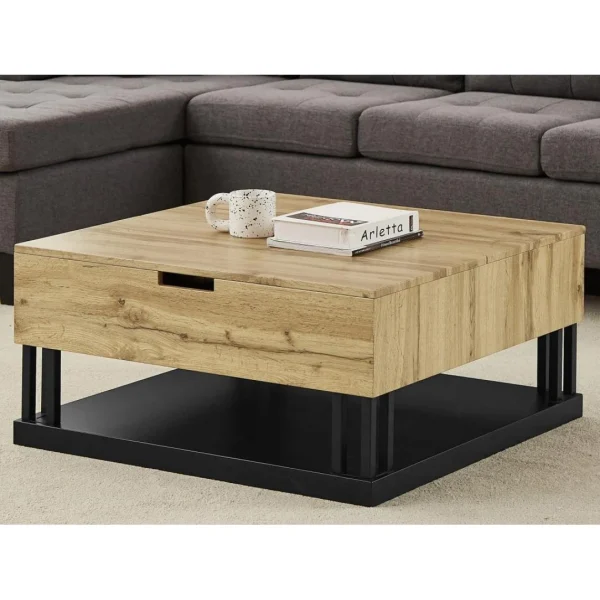 Vente-unique Table Basse Avec 2 Plateaux Relevables – MDF Et Acier – Naturel Et Noi… le grand escompte 4