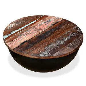 achetez SANS MARQUE Table Basse Bois De Récupération Massif Noir Forme De Bol – Noir 9