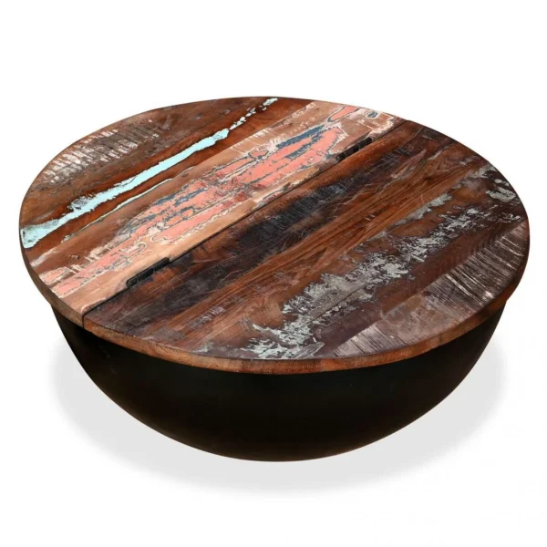 achetez SANS MARQUE Table Basse Bois De Récupération Massif Noir Forme De Bol – Noir 3